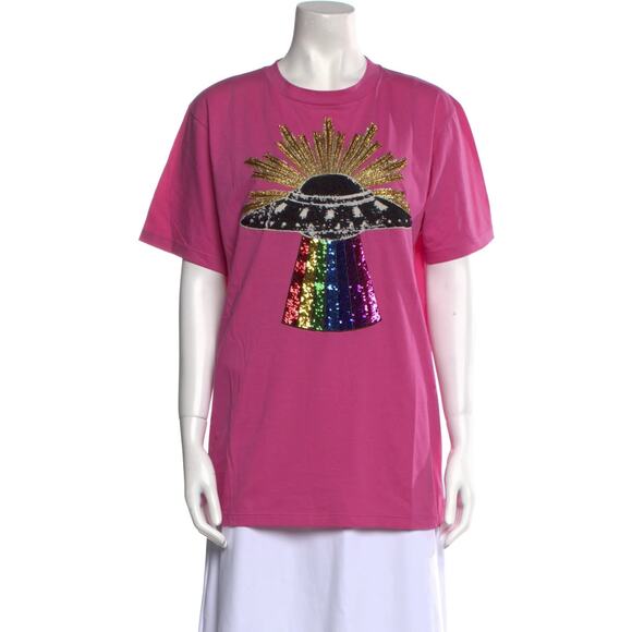 Gucci Pink UFO Sequin Short Sleeve T-Shirt Shirt Top Blouse Small - Picture 1 of 7
